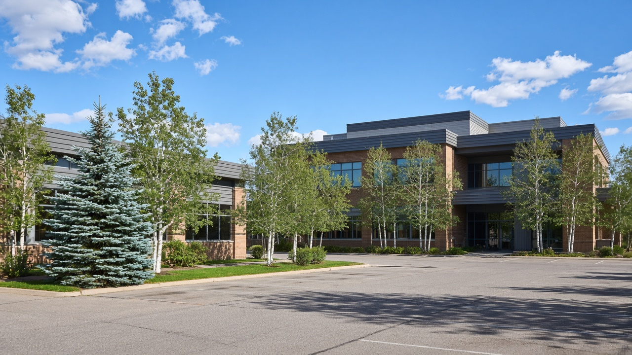 Daylight exterior of a suburban commercial building and parking court