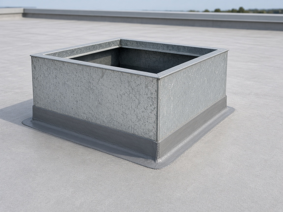 A rooftop mechanical curb seated on a new membrane